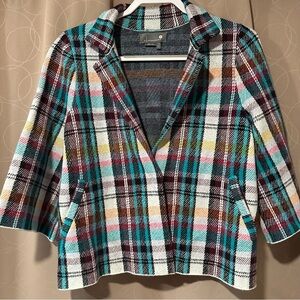 Anthropologie Women's Blazer Teal Multi Rosetta Cropped Plaid Knit Jacket SMALL